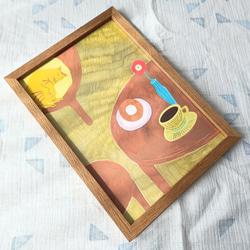 イラストレーション　日々のこと　手描き　一点もの　木製額　イラスト画　紐付き　猫　ねこ　ねこイラスト 1枚目の画像