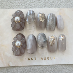 ネイルチップ #02 ブルーグレー マーブル ぷっくりフラワーネイル ブルーのぷっくりフラワーネイル- ネイルチップ専門店ミチネイル