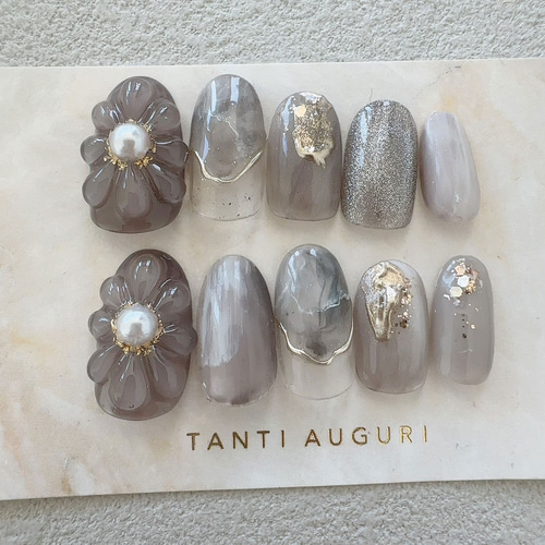 ネイルチップ #02 ブルーグレー マーブル ぷっくりフラワーネイル