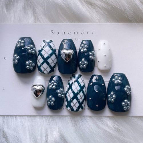 現品】 95 ネイルチップ フラワーネイル ハートネイル チェック柄  