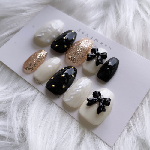 現品】 97 ネイルチップ ニットネイル リボンネイル ガーリーネイル  