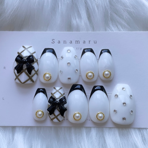 現品】 98 ネイルチップ キルティング フレンチ リボン ガーリー  