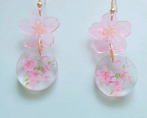 桜 日和 レジン ピアス、イヤリング ピンク ピアス（フック・チェーン