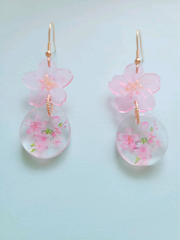 桜 日和 レジン ピアス、イヤリング ピンク ピアス（フック・チェーン