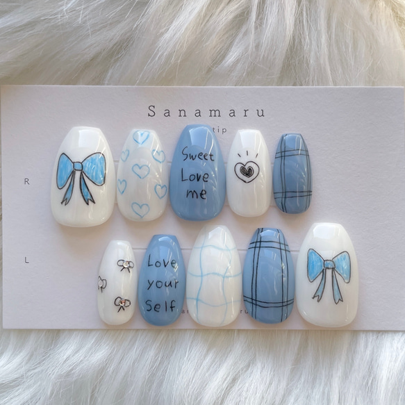 ［14］ネイルチップ リボン 韓国 らくがき ホログラム ハート オーダー 14］ネイルチップ リボン 韓国 らくがき ホログラム ハート