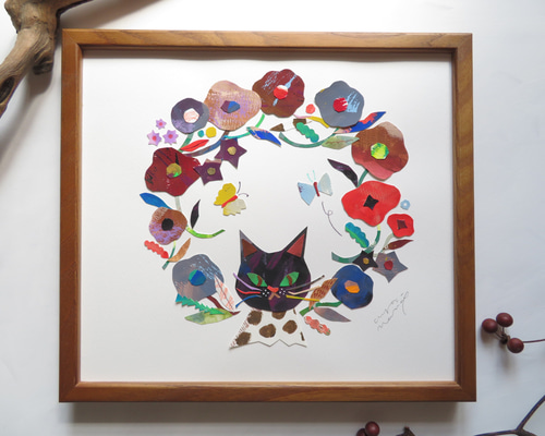 人物とペットのオーダー受付中　女性と黒猫 原画　ミニ絵画　おまけフレーム付き 5da2afcc34a80f043ed66d03030428