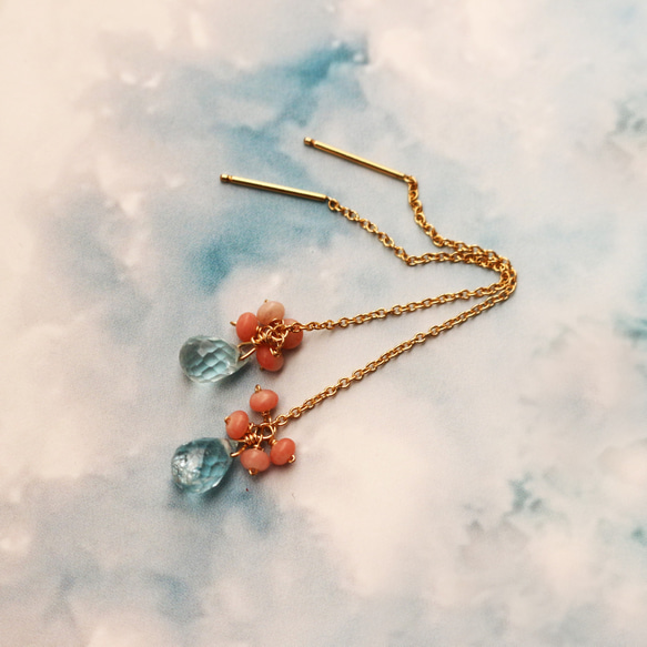 アクアマリン＆PKサンゴ・アメリカンピアス ピアス（フック・チェーン 