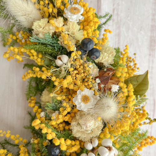 ミモザリース 新芽とミモザ 約33㎝ ハンドメイド ドライフラワー ミモザ Spring Garden٭ミモザのドロップリース 40cm ドライフラワー ミネット