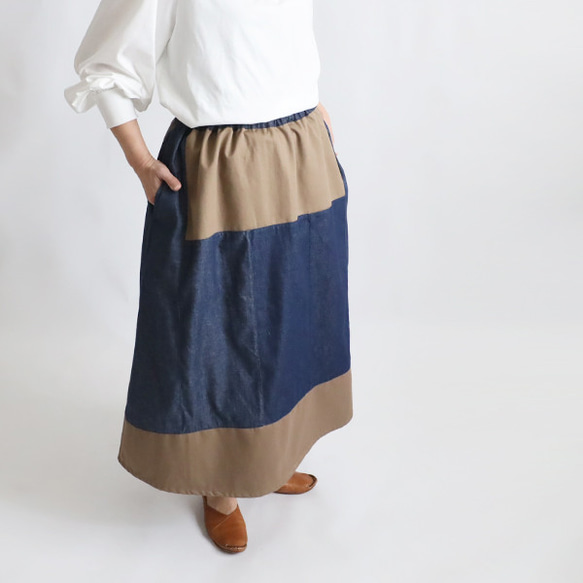 初夏ＳＡＬＥ　８０cm丈　愉快なスカート　パッチワーク　ギャザー　スカート　甘織デニム×チノコットン　Y07B 1枚目の画像