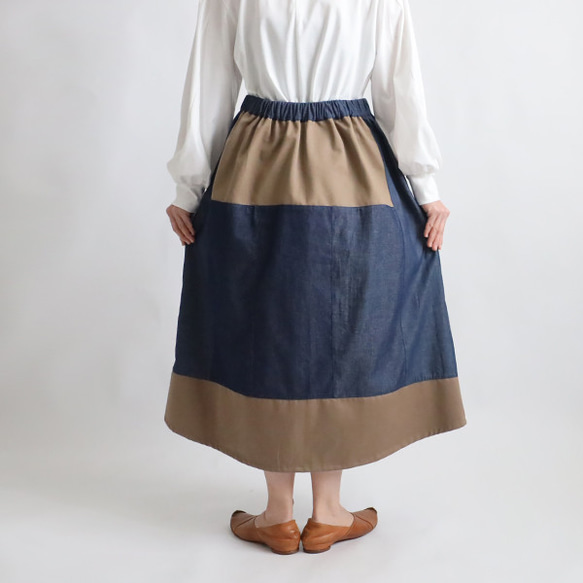 初夏ＳＡＬＥ　８０cm丈　愉快なスカート　パッチワーク　ギャザー　スカート　甘織デニム×チノコットン　Y07B 7枚目の画像