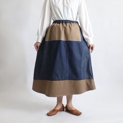 初夏ＳＡＬＥ　８０cm丈　愉快なスカート　パッチワーク　ギャザー　スカート　甘織デニム×チノコットン　Y07B 6枚目の画像