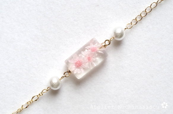 樹脂藝術花朵棉質珍珠手鍊&lt;桃粉色&gt; 第3張的照片