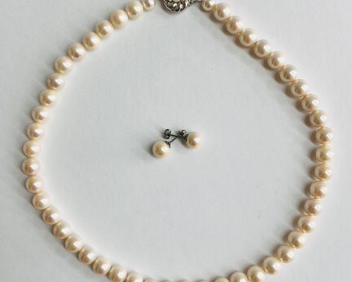 限定】貝磨きパールネックレスセット/8mm約42cm+イヤリング又はピアス
