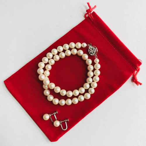 限定】貝磨きパールネックレスセット/8mm約42cm+イヤリング又はピアス