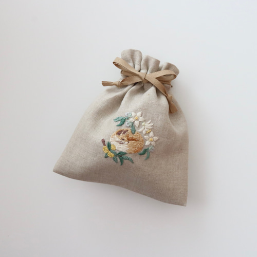 柚子の花ときつね 手刺繍巾着袋 ポーチ Chalet de Pon 通販
