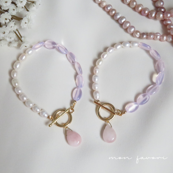 モルガナイト 淡水パール オパール 誕生石 4月 6月 真珠 シンセティックオパール ガラス ピンク ブレスレット 腕輪 5枚目の画像