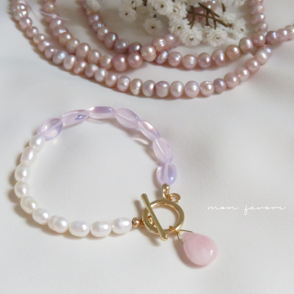 モルガナイト 淡水パール オパール 誕生石 4月 6月 真珠 シンセティックオパール ガラス ピンク ブレスレット 腕輪 1枚目の画像