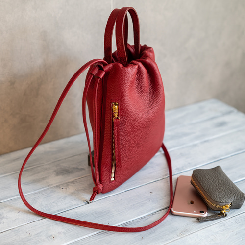 縦長巾着 2WAY ポシェット本革シンプル ショルダーバッグ 【サンド