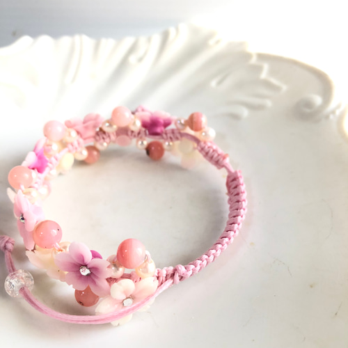☆受注制作☆春アクセサリー☆桜☆桜の編み込みブレスレット☆ピンク