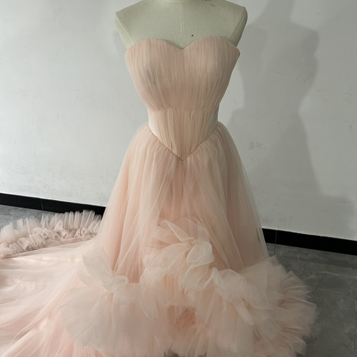 上品！カラードレス ピンク ラッフルフリル 取り外しオフショルダー 前  
