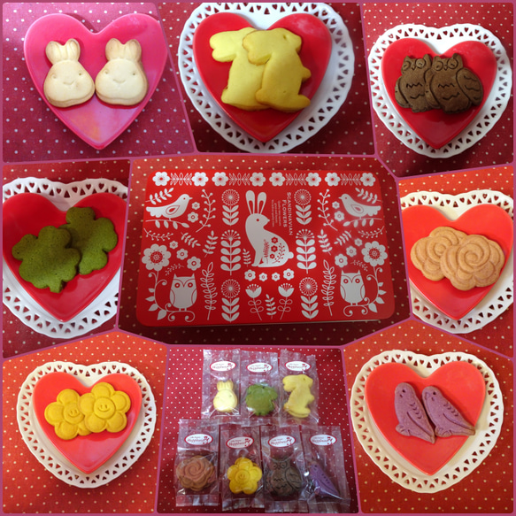 スカンジナビアフラワー缶にうさぎ＆お花＆鳥の形のクッキー7袋