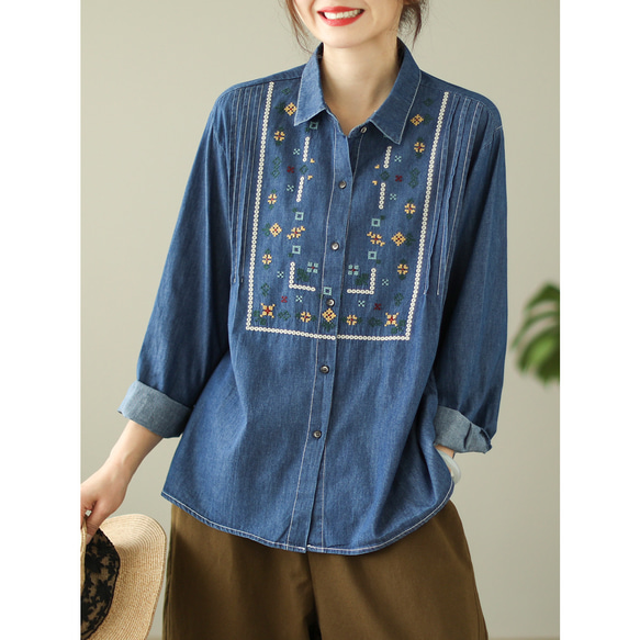 驚きの激安価格 刺繍シャツ 2024新作 デニムシャツ コットン レイヤード 重ね着 シャツ+ブラウス(長袖+七分)