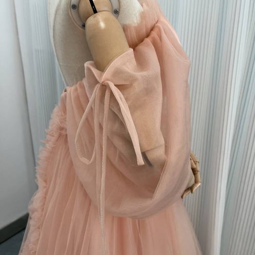 送料無料！パーティードレス 姫袖 ベアトップ 薄桃色 花嫁 拳式 二次会  