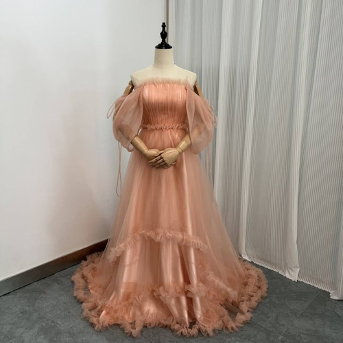 送料無料！パーティードレス 姫袖 ベアトップ 薄桃色 花嫁 拳式 二次会  