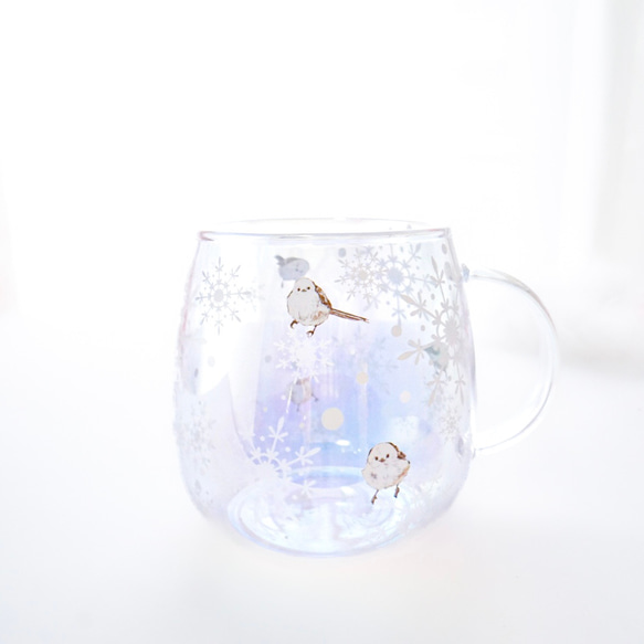 シマエナガさんのオーロラ耐熱グラス〜雪の妖精と雪の結晶〜新作 3枚目の画像