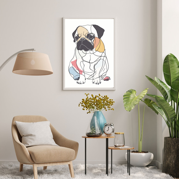 【犬と線 - パグ犬 No.3】モダンアートポスター ラインアート 犬の絵 犬の絵画 犬のイラスト 7枚目の画像