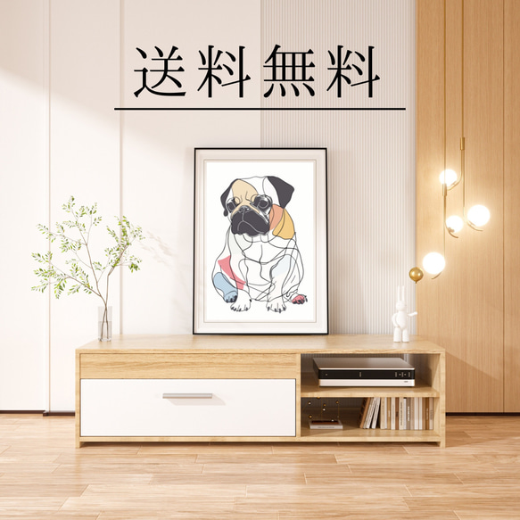 【犬と線 - パグ犬 No.3】モダンアートポスター ラインアート 犬の絵 犬の絵画 犬のイラスト 4枚目の画像