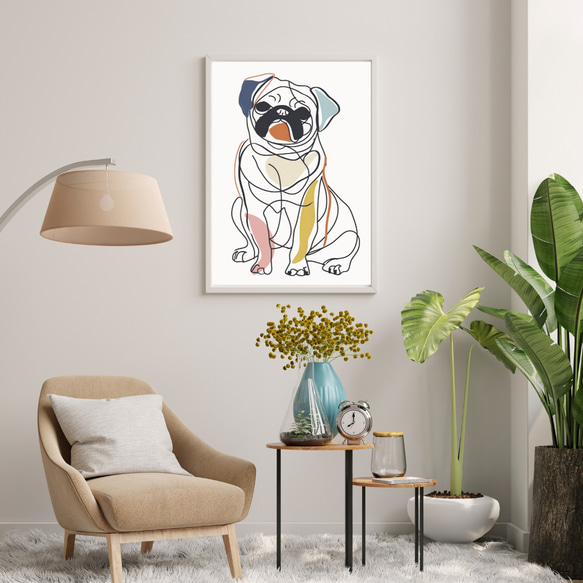 【犬と線 - パグ犬 No.5】モダンアートポスター ラインアート 犬の絵 犬の絵画 犬のイラスト 7枚目の画像