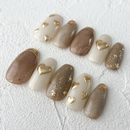 受注製作＞No.017 ハートネイル ニュアンスネイル ベージュ ブラウン  