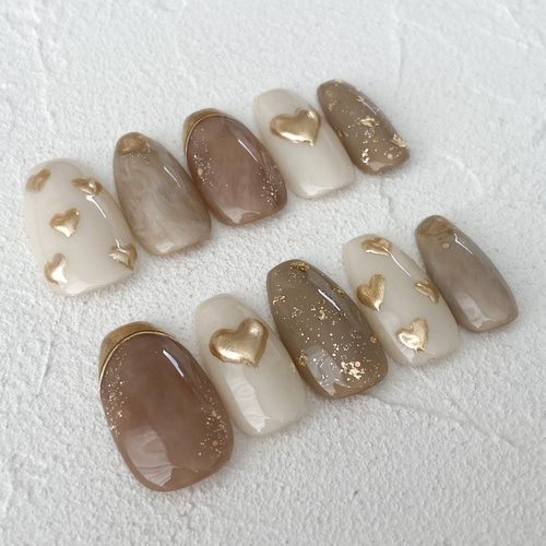 受注製作＞No.017 ハートネイル ニュアンスネイル ベージュ ブラウン