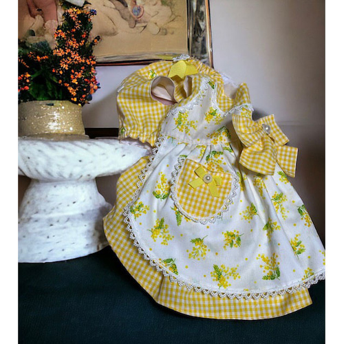 ミモザ柄とギンガムチェックが可愛い春ワンピース ペット服