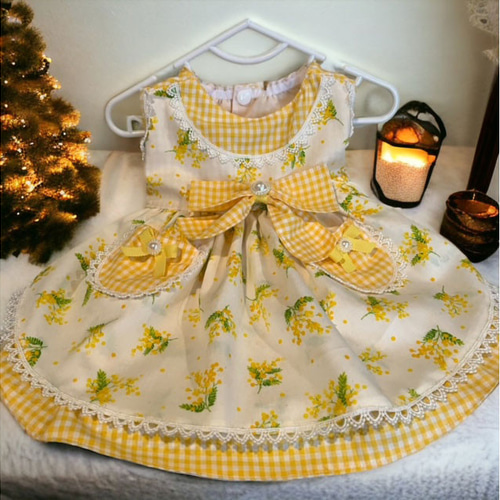 ミモザ柄とギンガムチェックが可愛い春ワンピース ペット服