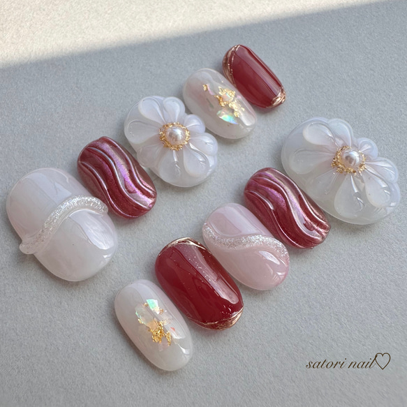 【サイズオーダー用】ぷっくりフラワーネイルチップ 　ネイルチップ ぷっくりお花赤茶ネイルチップ ネイルチップ（つけ爪） satori nail