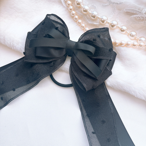 ブラック たらりんリボン ドットオーガンジー ミニリボン付き 卒業式に  