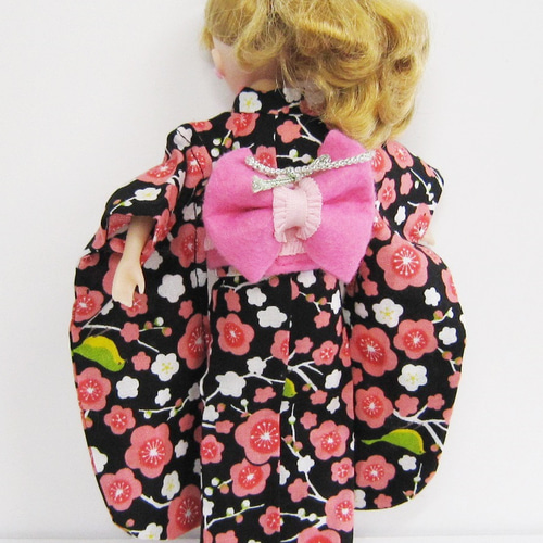 リカちゃん用着せ替え服】和柄・梅の花と鶯・黒・振袖・帯セット