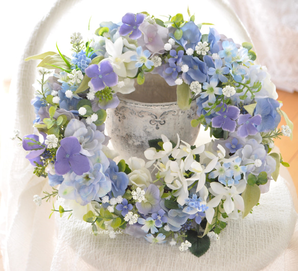 パープルブルーの花と白いラン　フラワーリース：ラン　あじさい　ブルー　パープル　白　ラン　母の日　 5枚目の画像