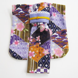 【リカちゃん用着せ替え服】和柄・桜と模様柄・振袖・帯セット・着物 4枚目の画像