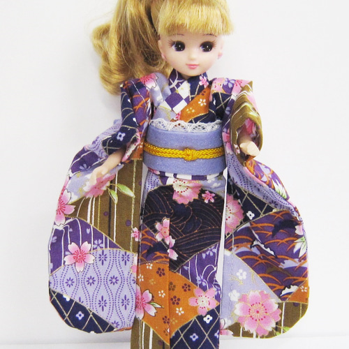 リカちゃん用着せ替え服】和柄・桜と模様柄・振袖・帯セット