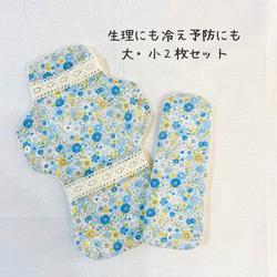 （ブルー・花柄）布ナプキン大小２枚セット【冷え予防・尿もれ・生理・おりものなど】 1枚目の画像