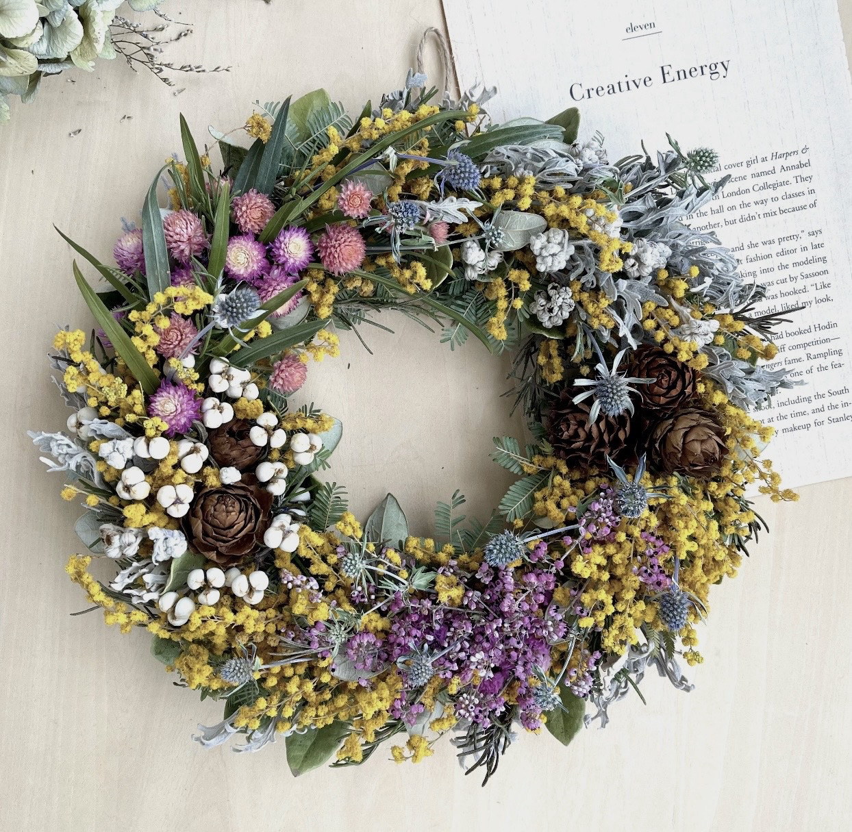 ミモザとエリンジューム&千日紅とエリカのリース リース SOPO-Kukka  