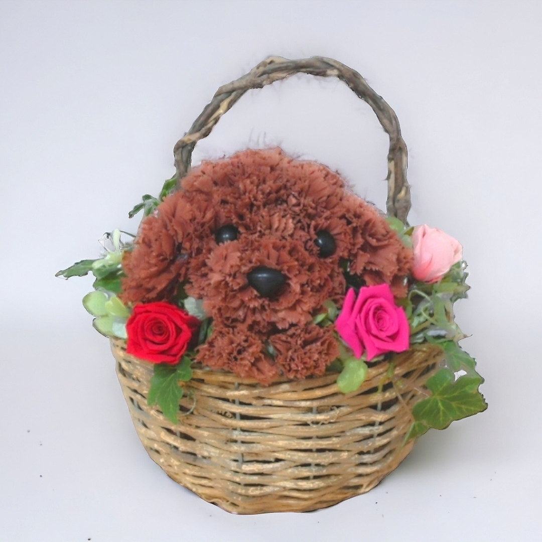 フラワーペット【トイプードル・壁掛けバスケット】 2way プリザーブドフラワー 犬 花  ペット 誕生日