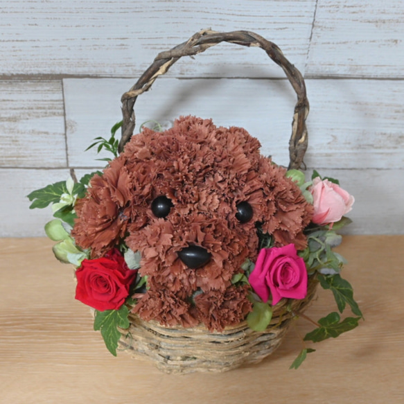フラワーペット【トイプードル・壁掛けバスケット】 2way プリザーブドフラワー 犬 花  ペット 誕生日 4枚目の画像