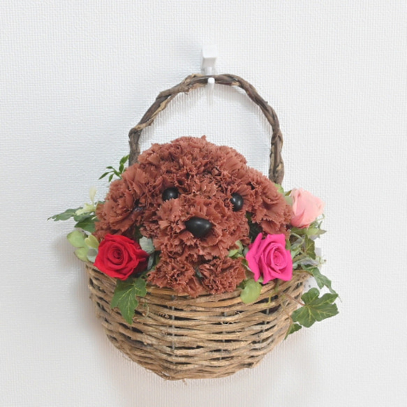 フラワーペット【トイプードル・壁掛けバスケット】 2way プリザーブドフラワー 犬 花  ペット 誕生日 6枚目の画像