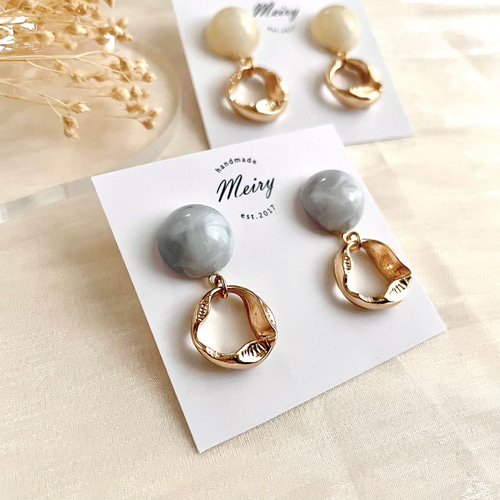 再販*ハンドメイド* ゴールドクリア マーブルスクエア クリップ イヤリング