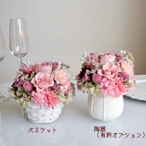 ふんわりパリジェンヌの花籠/プリザーブドフラワー/クリアケース入り