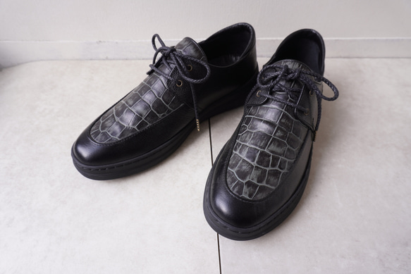 メンズ カモフラージュ柄ハラコ/クロコ型押しレザー レースアップモカスニーカー 牛革